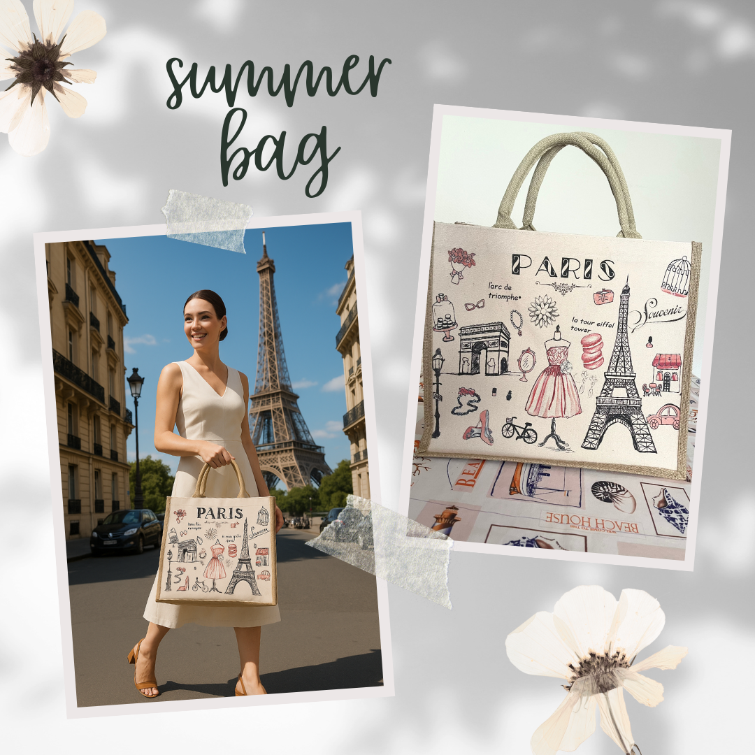 Woman holding a 'tote Paris' themed bag with Eiffel Tower design on it, Parisian street summer style