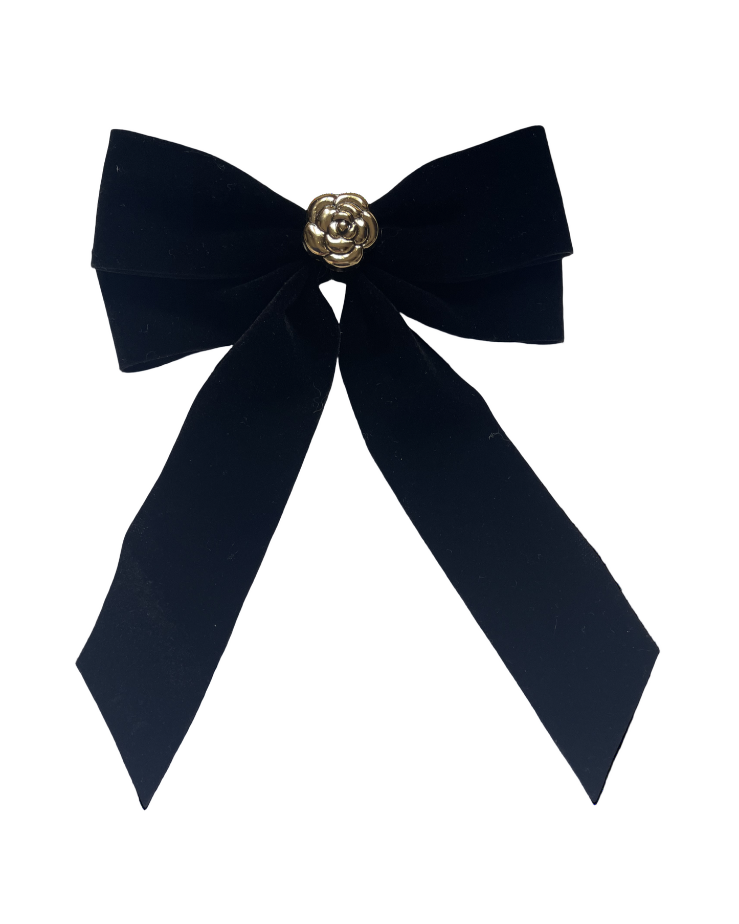 Black hair bow in velvet with a gold flower Chanel style