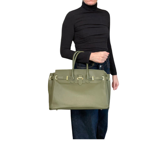 French Kaki Green Leather Bag