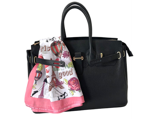 Timeless Parisian black leather bag + a pink scarf