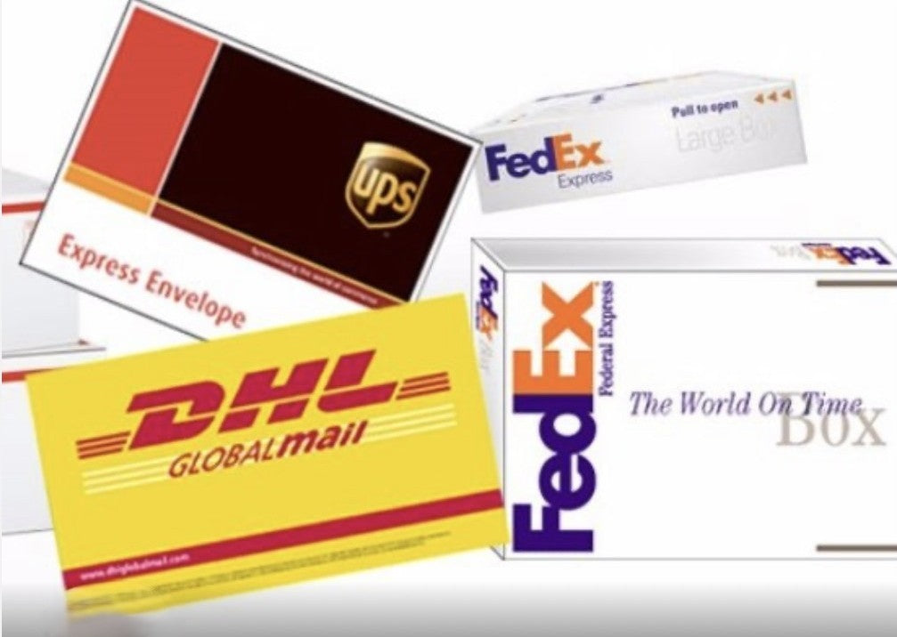 Collection of shipping boxes with UPS, FedEx, and DHL 