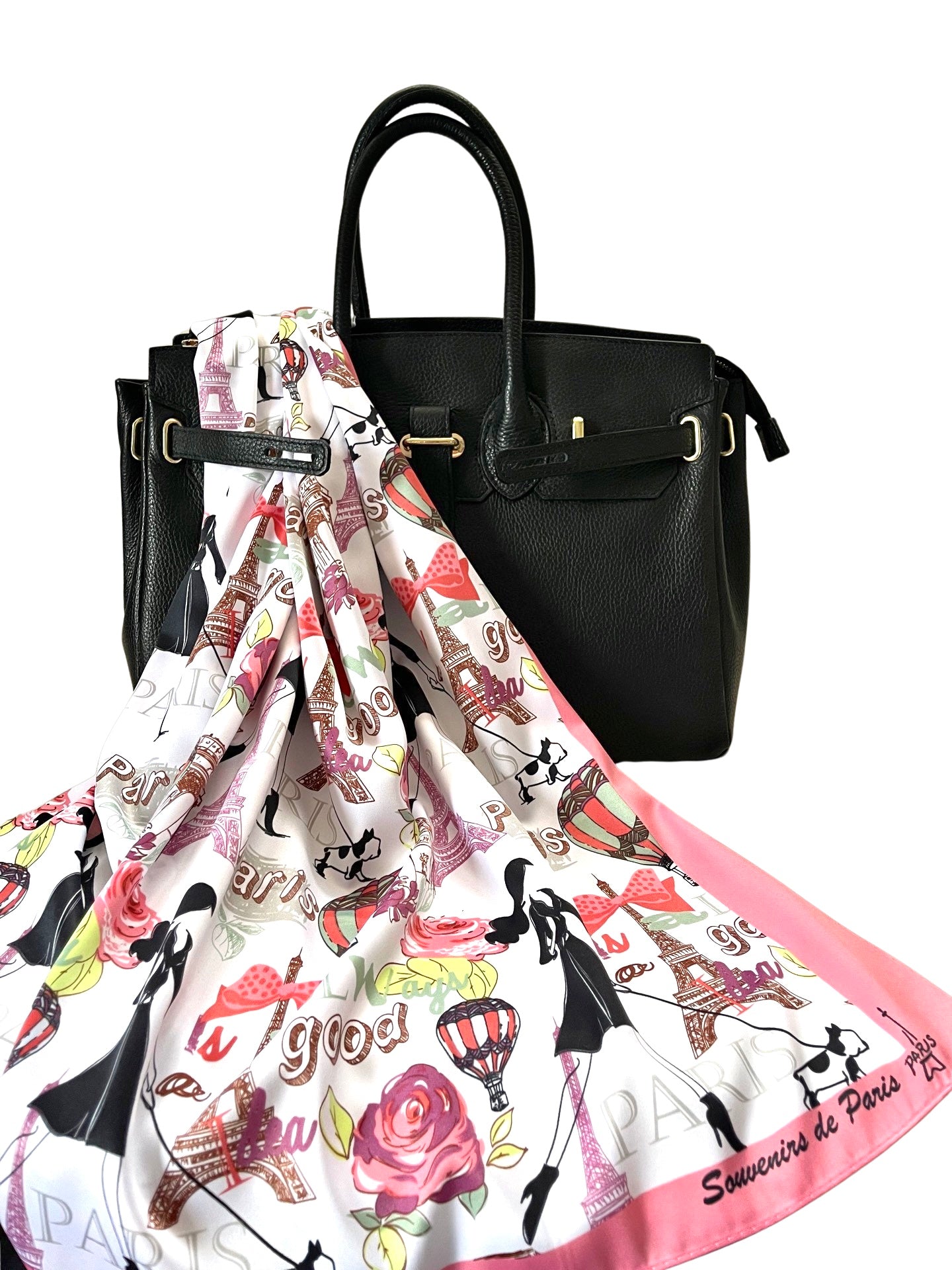 Timeless Parisian black leather bag + a pink scarf